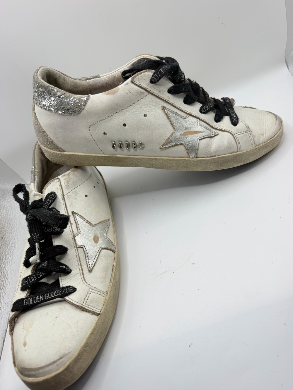 Golden Goose Kids White Leather Sneakers with Silver Star and Glitter Heel